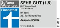Stiftung Warentest hat den Tarif Komfort-Schutz KombiMed Tarif KDTK85 der DKV bewertet. Der Zahnersatztarif wurde mit der Bestnote "Sehr gut" ausgezeichnet.